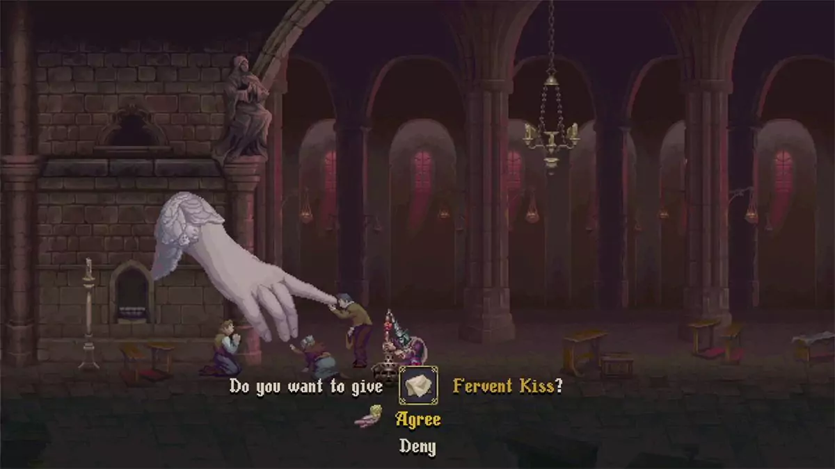 The player about to give a giant hand a Fervent Kiss to upgrade their Fervour bar.