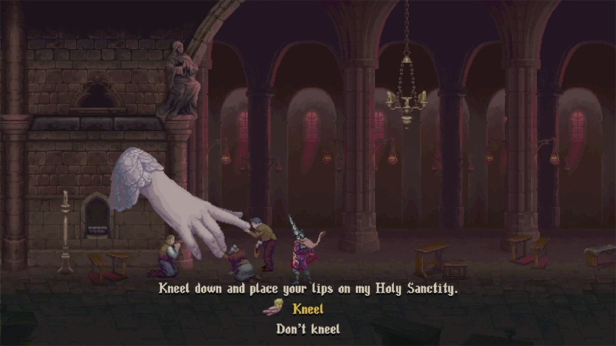 The player about to kneel and kiss a giant hand.