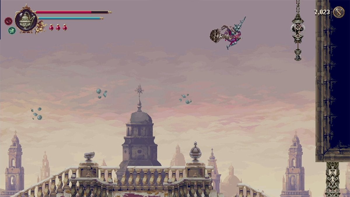 The player jumping towards a glass mechanism on the right.