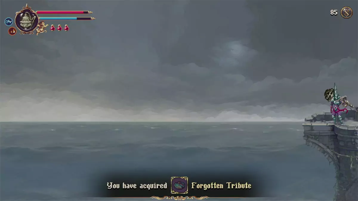 The player picking up their first Forgotten Tribute in Blasphemous 2.