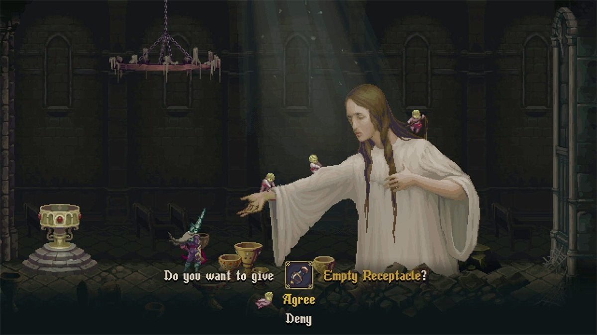 The player trading an Empty Receptacle for another Bile Flask. They are speaking with a large figure wearing white to do so.
