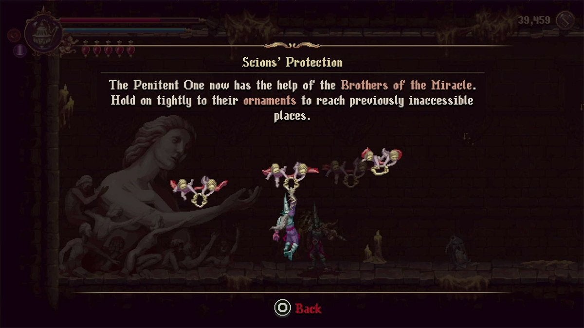 The tutorial message in Blasphemous 2 that tells players how to use yellow sparkles with the Scion's Protection ability.