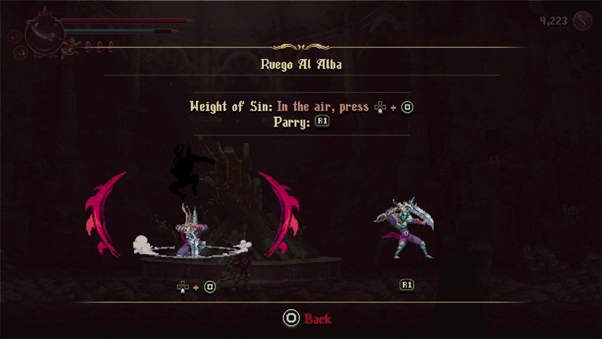 A tutorial message in Blasphemous 2 that tells the player to use down and the square button to perform a dropdown attack while the Ruego Al Alba sword is equipped. This lets players get through brown flesh walls.