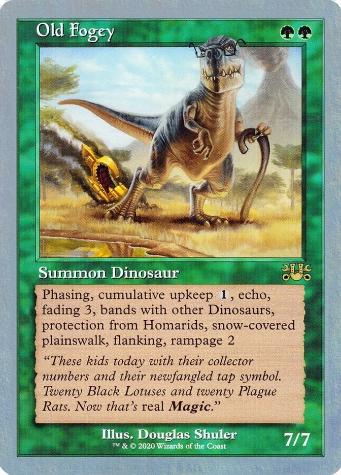 A green dinosaur creature card with "bands with other Dinosaurs," as well as a few other abilities, from Magic: The Gathering.
