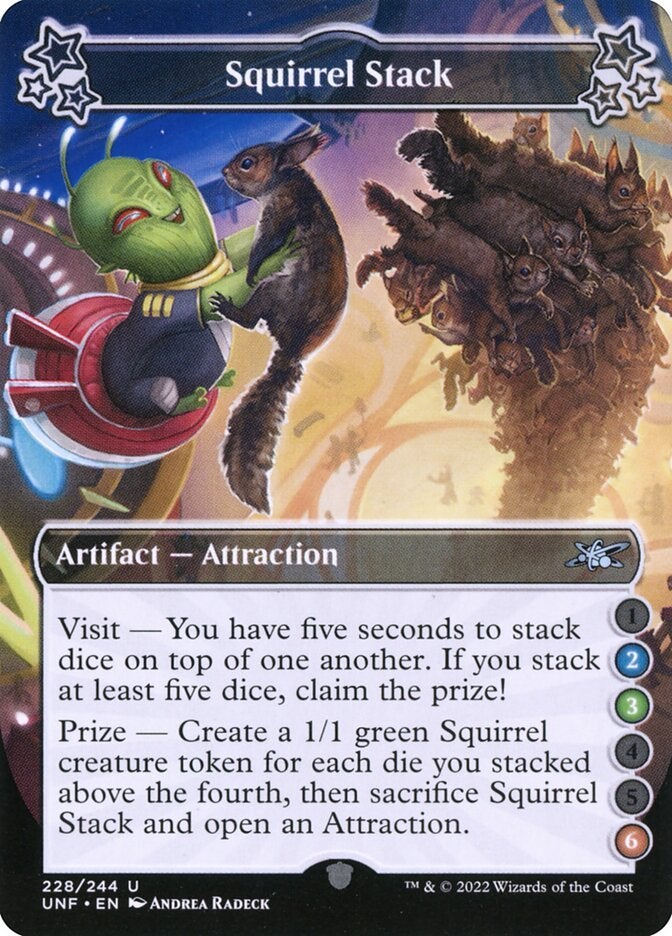 An artifact - attraction card in Magic: The Gathering that makes a player stack dice and rewards them with Squirrel creature tokens.
