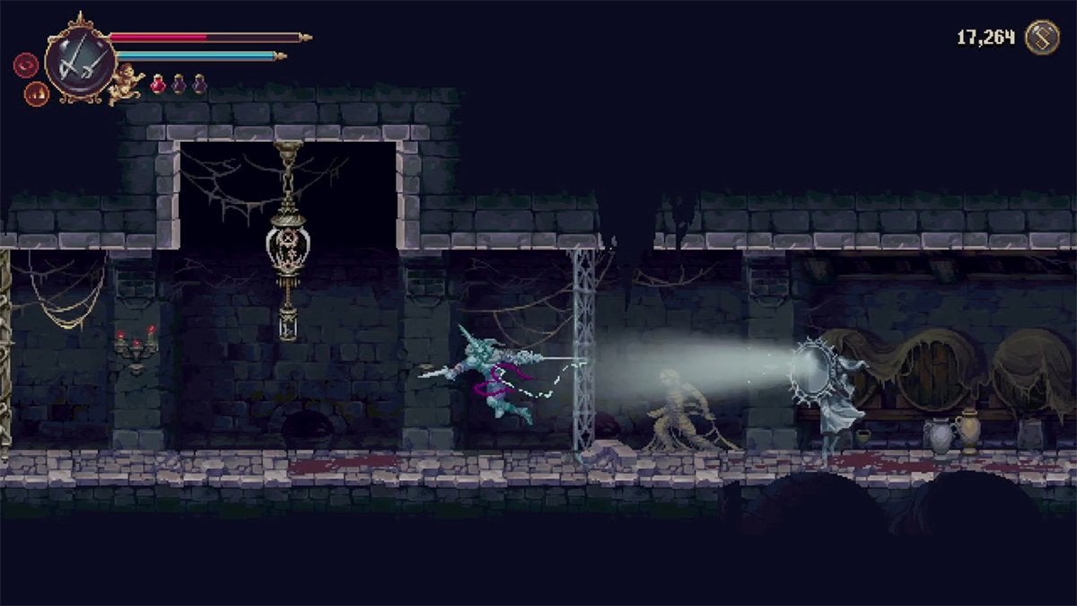 The player hitting a mirror statue with Sarmiento & Centella to get through a metal grate.