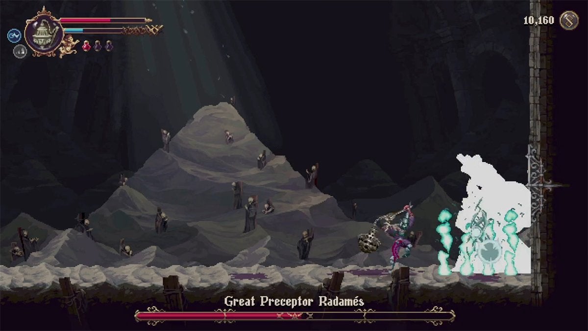 The player using Prayers to damage Great Preceptor Radamés when he's stuck to the wall.