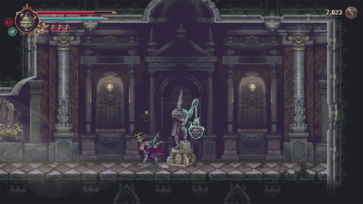 A statue holding a flail that the player can interact with for a weapon upgrade.