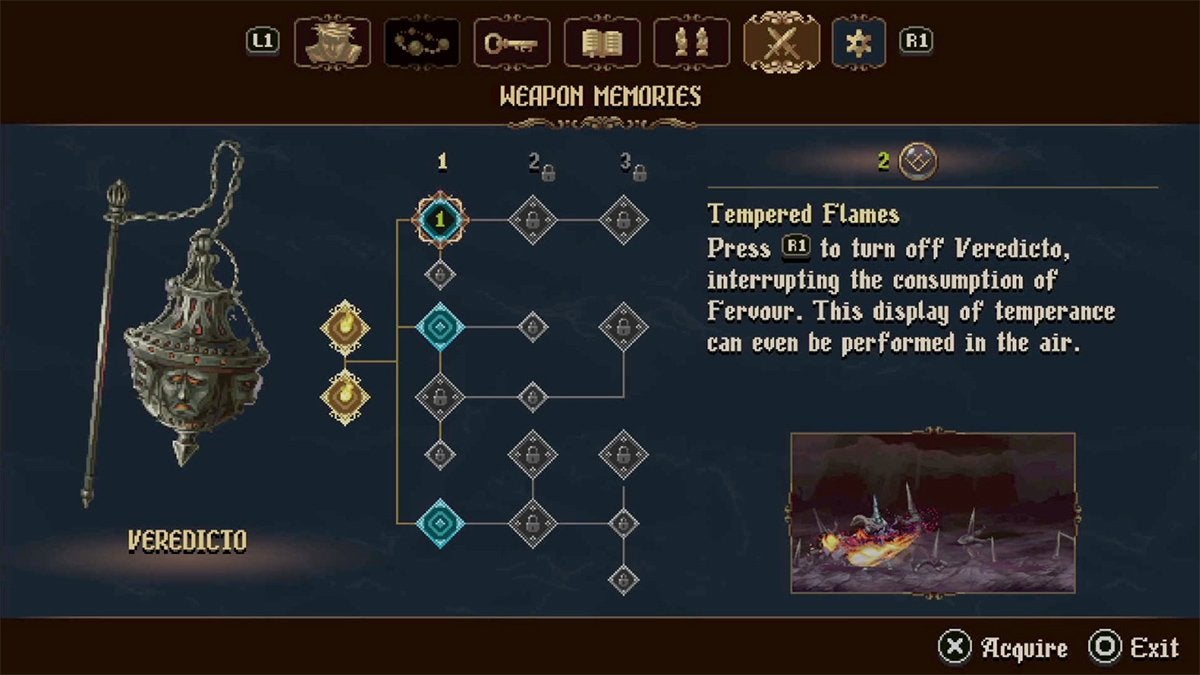 The Veredicto Weapon Memories tab where only Tier 1 skills and perks are available.
