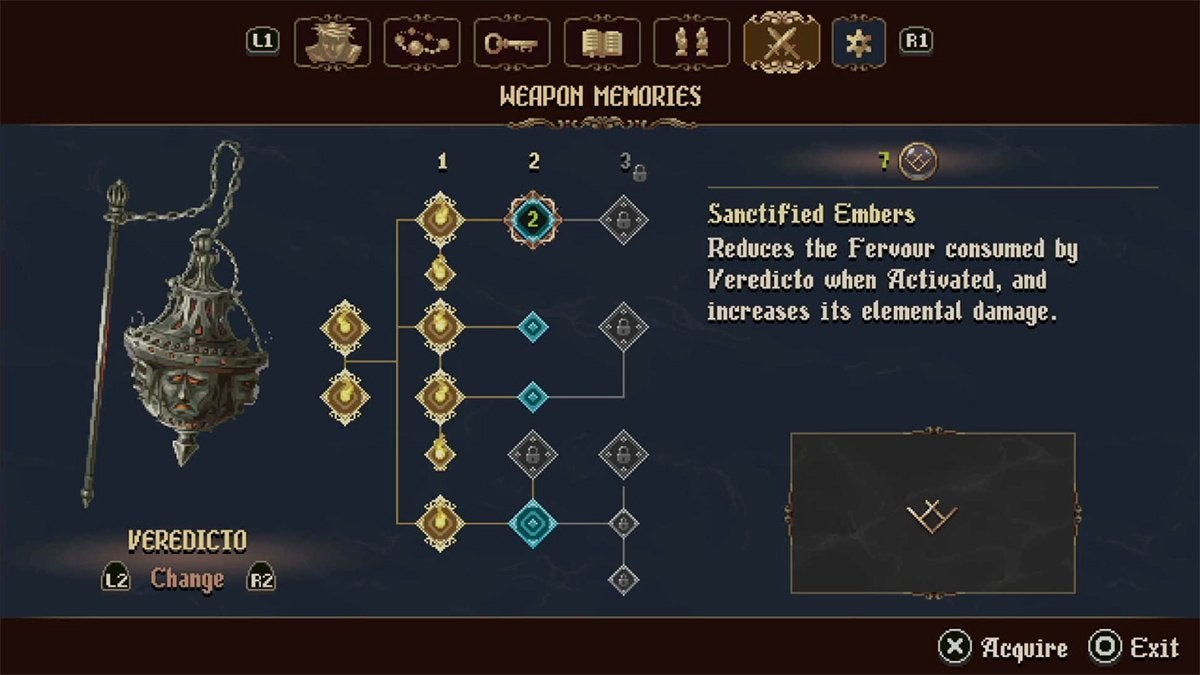 The Veredicto Weapon Memories tab where only Tier 1 and Tier 2 skills and perks are available.