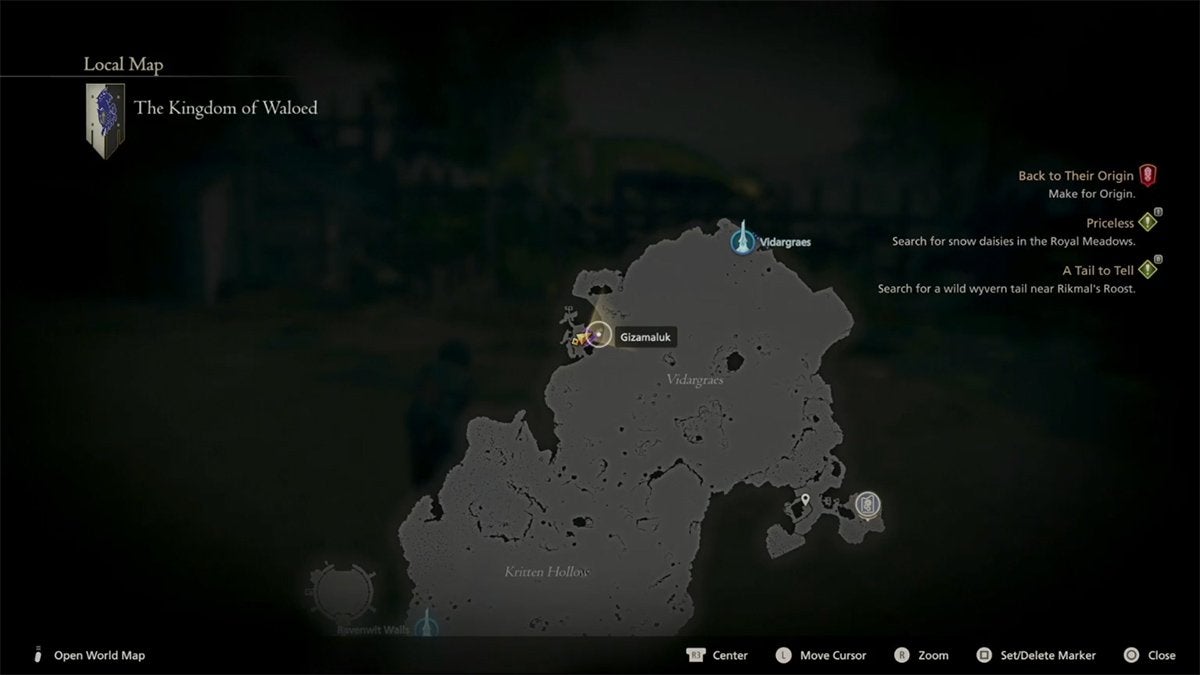 Location of the Wailing Banshee hunt within the Kingdom of Waloed in Final Fantasy 16.