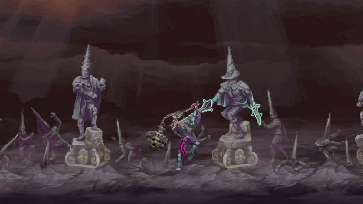 The player testing the flail Veredicto in Blasphemous 2.