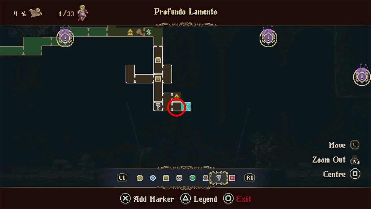A room marked in red on the map where the player meets Yerma for the first time in Profundo Lamento.