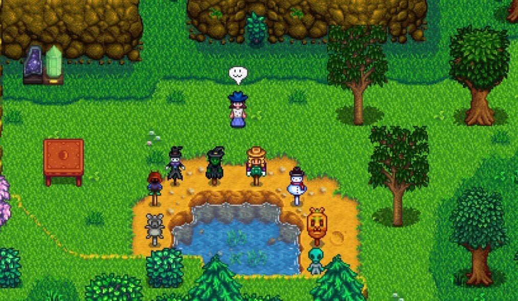 A Stardew Valley player standing next to all eight collected Rarecrows. 