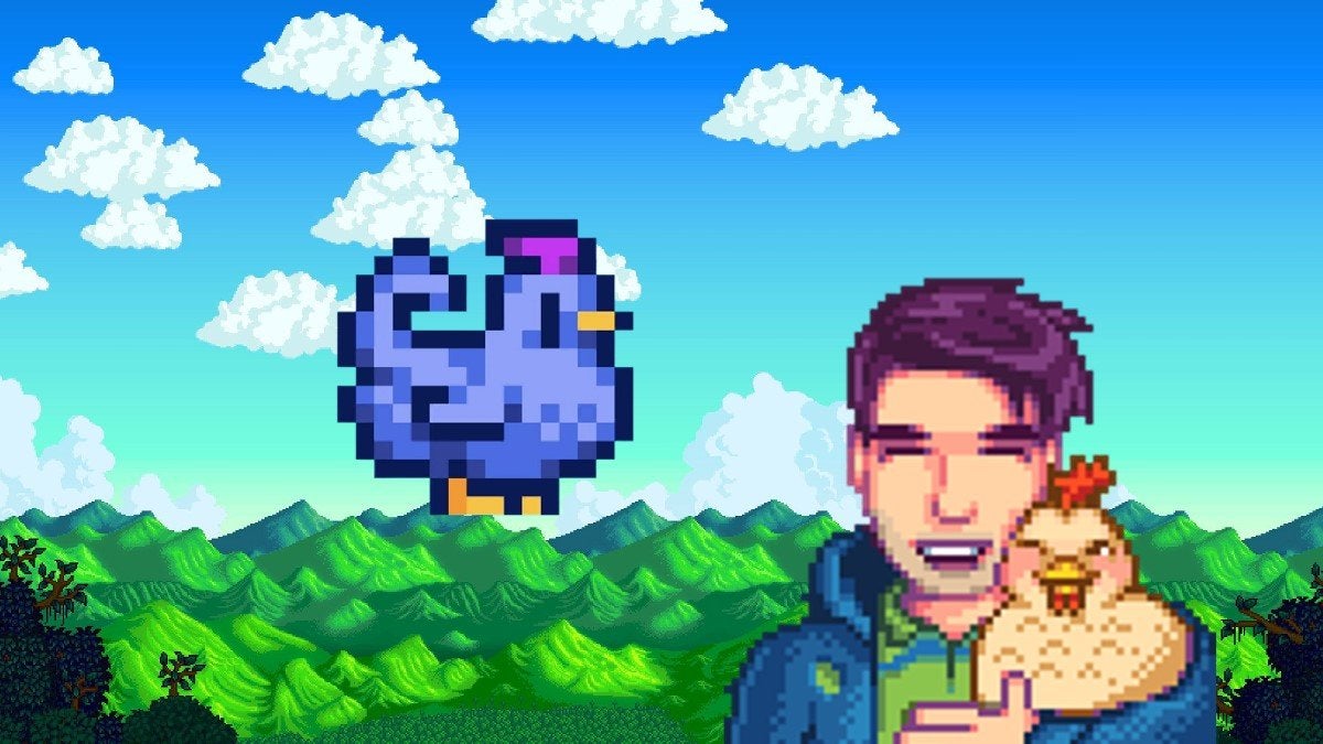 Shane from Stardew Valley set against a background holding a chicken alongside a blue chicken.