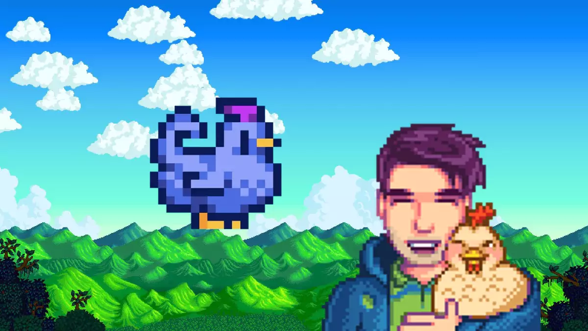 Shane from Stardew Valley set against a background holding a chicken alongside a blue chicken.