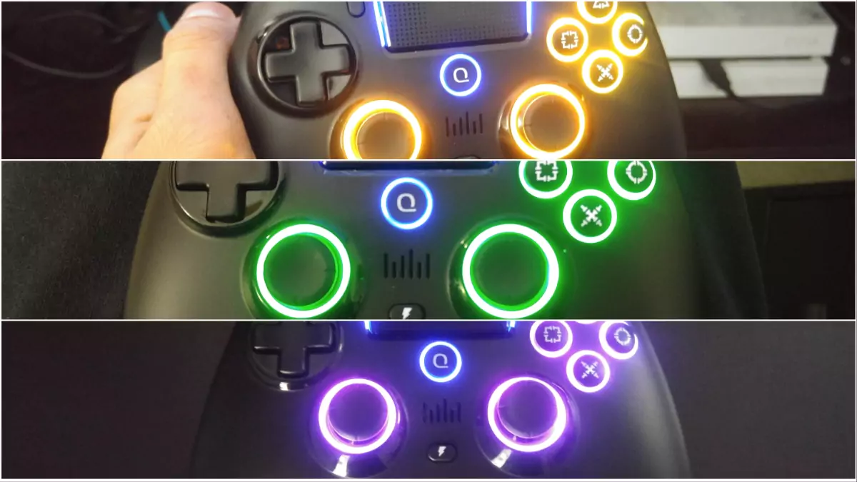 The Spark N5 controller for PS4 illuminating itself with three different colors in turn: orange, green, and purple.