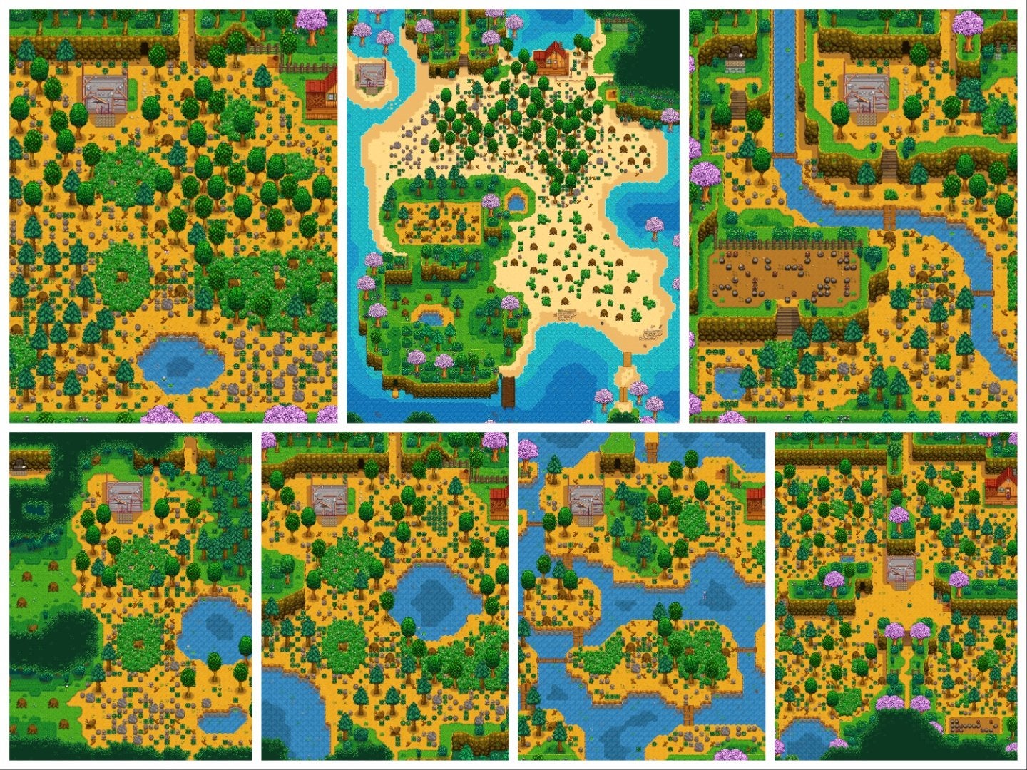 All seven Stardew Valley starting farm layouts: Standard, Beach, Hill-Top, Forest, Wilderness, Riverlands, and Four Corners. 
