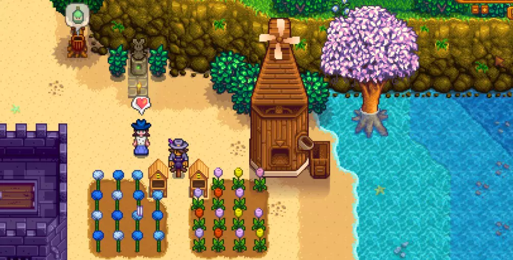 A Stardew Valley player stood next to the Deluxe Rarecrow near some Spring flowers.