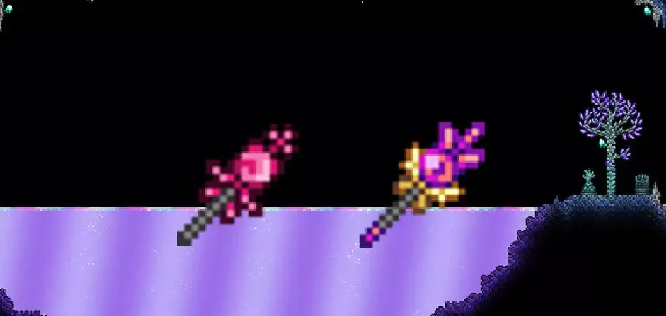 The aether biome and a pool of shimmer, with the sprite icons for the Rod of Discord and Rod of Harmony.