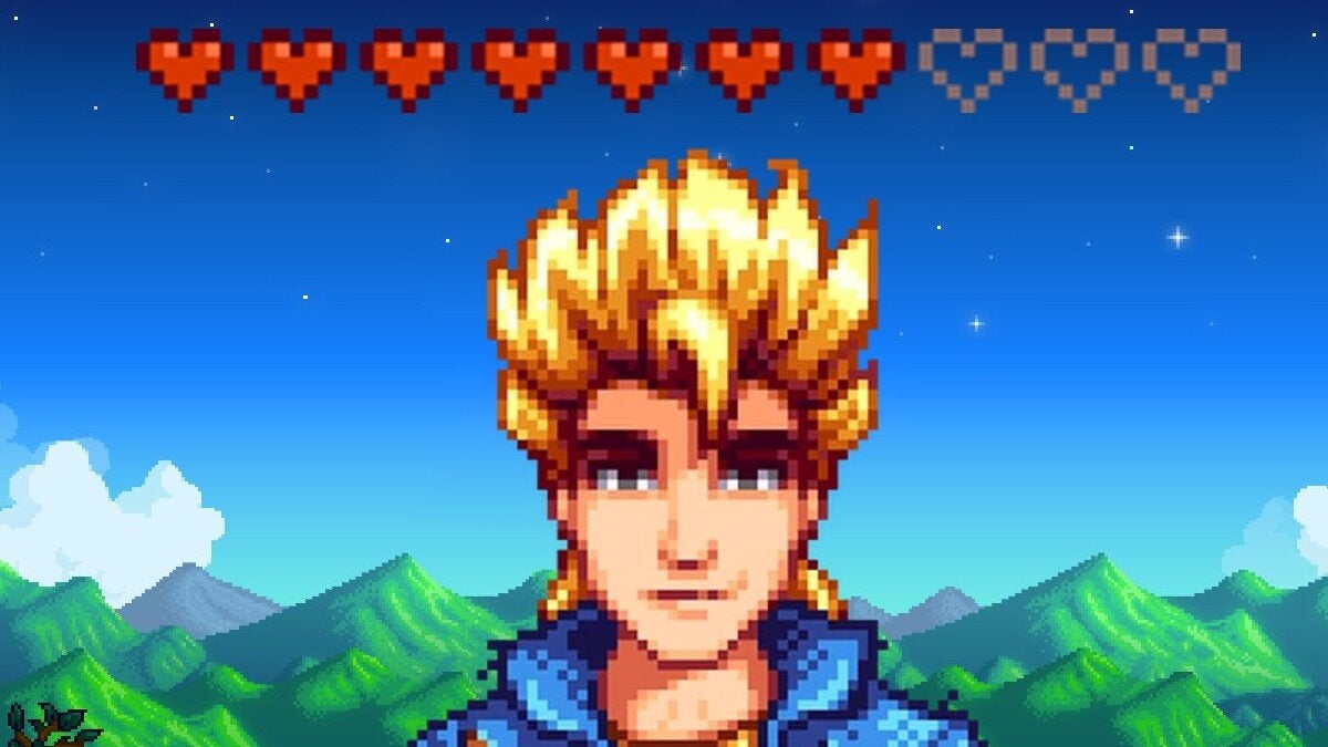 Sam from Stardew Valley set against a generic background with friendship hearts above his head.