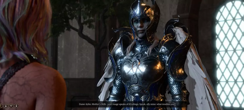 Dame Aylin, a powerful warrior and daughter of Selune from Baldur's Gate 3 standing near a window.