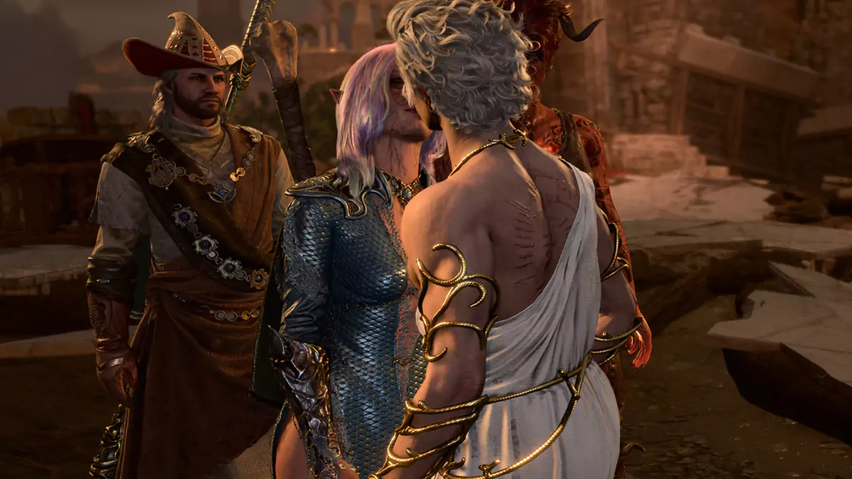 The main character in Baldur's Gate 3 kissing Asterion, a vampire companion.
