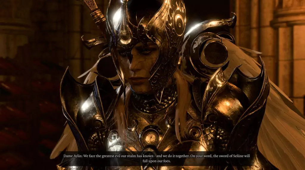Dame Aylin, a powerful warrior and daughter of Selune from Baldur's Gate 3 standing in a dimly lit room.