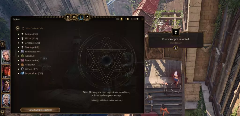 Unlocking new Alchemy recipes in Baldur's Gate 3 by extracting ingredients.
