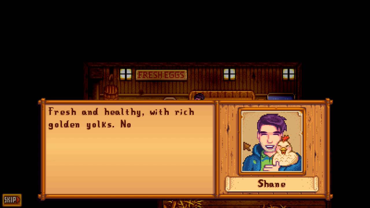 A dialogue textbox from Shane's 8 Heart Event about unlocking Blue Chickens. 