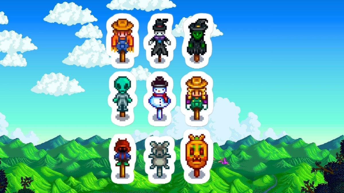 All eight Rarecrows featured against the Stardew Valley title background.