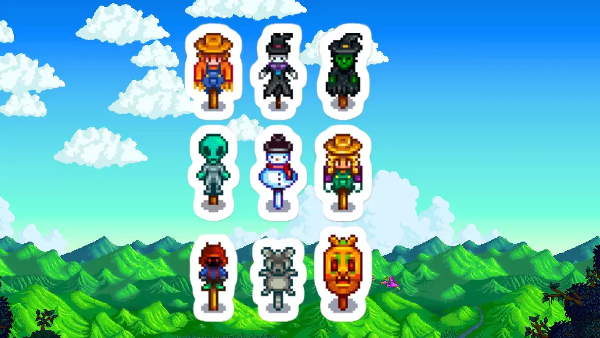 All eight Rarecrows featured against the Stardew Valley title background.