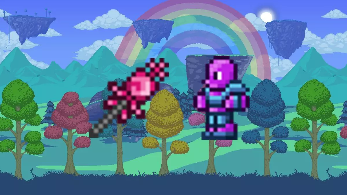The Rod of Dsicord icon set against a Terraria Hallow backdrop with a Chaos Elemental.