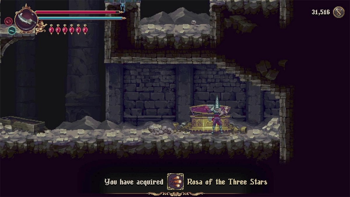 The player looting the Rosa of the Three Stars Prayer from a chest.