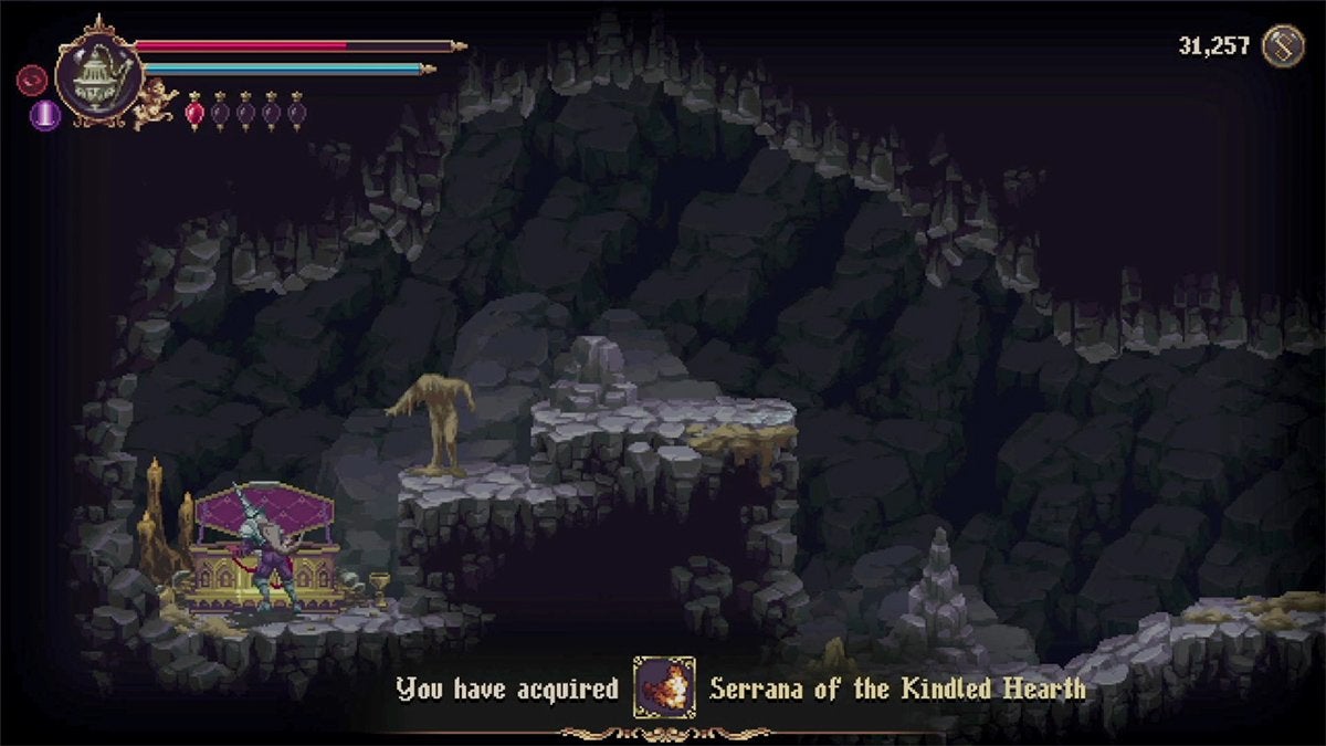 The player looting the Serrana of the Kindled Hearth Prayer from a chest.