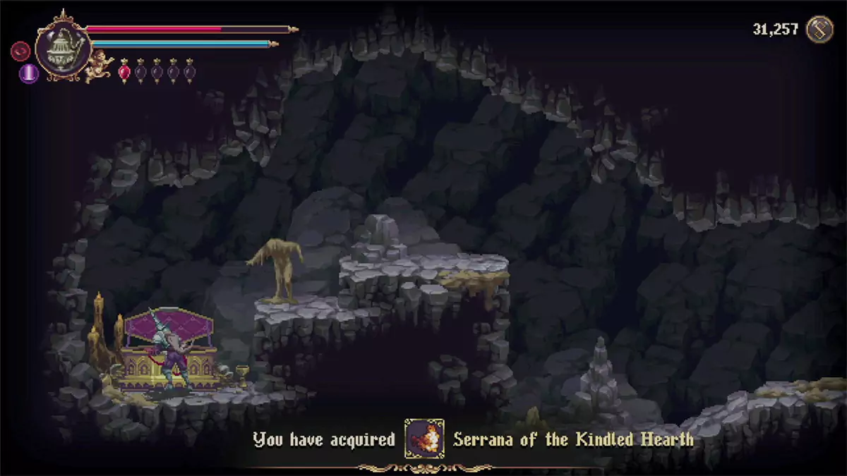 The player looting the Serrana of the Kindled Hearth Prayer from a chest.