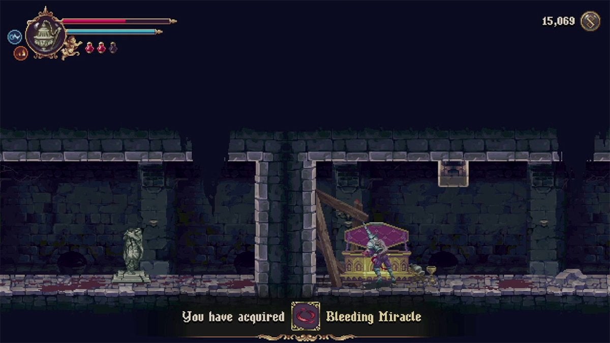 The player finding the Bleeding Miracle Quick Verse Prayer in a chest.