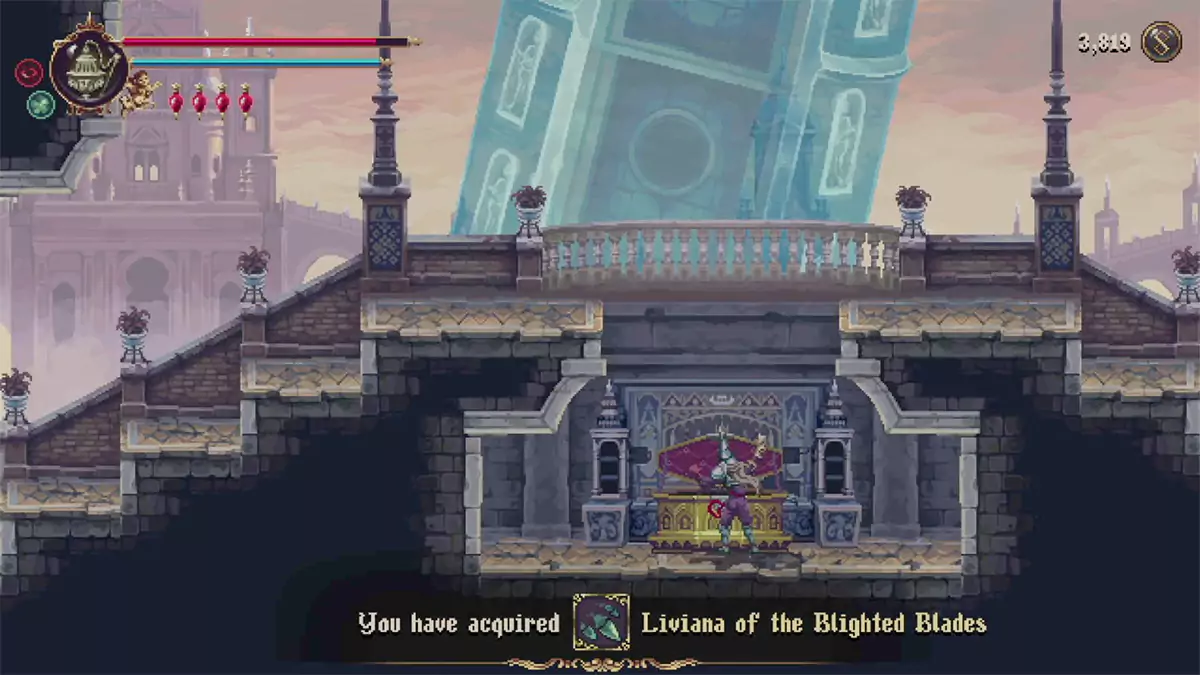 The player looting the Liviana of the Blighted Blades Prayer from a chest.