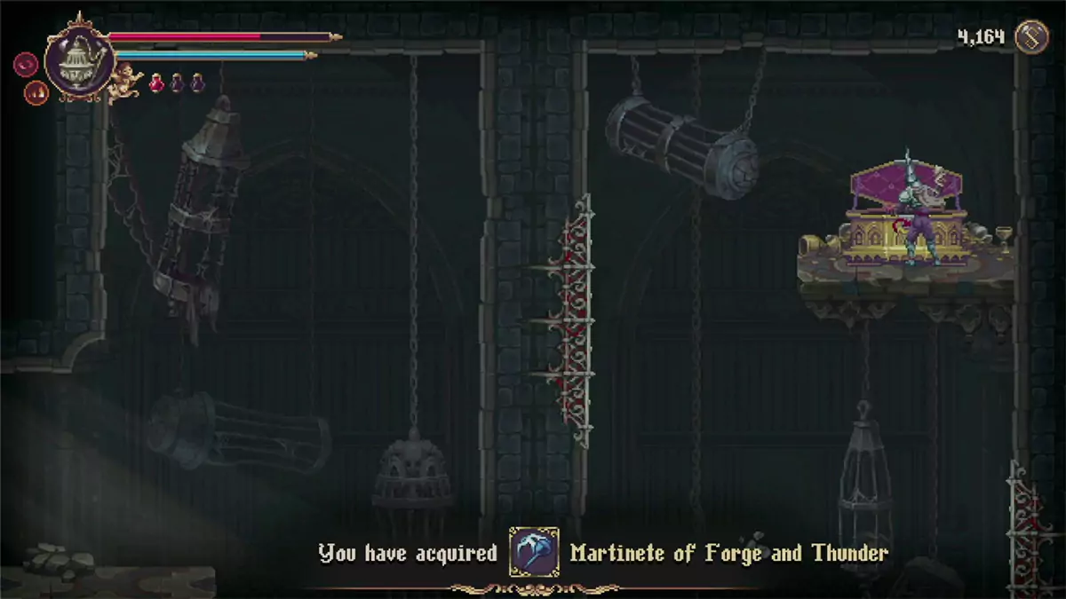 The player looting the Martinete of Forge and Thunder Prayer from a chest.