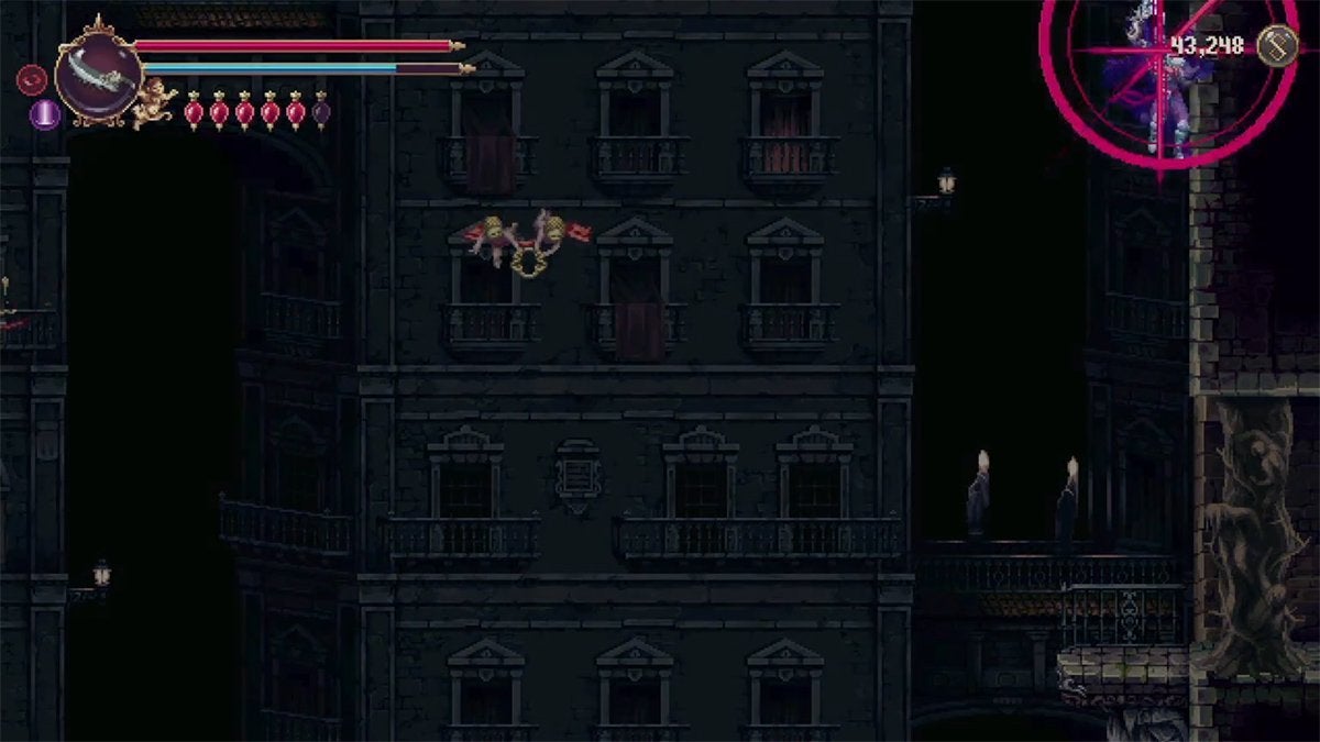 The player using Ruego Al Alba's dropdown attack as they try to break a brown flesh wall in the Streets of Wakes.