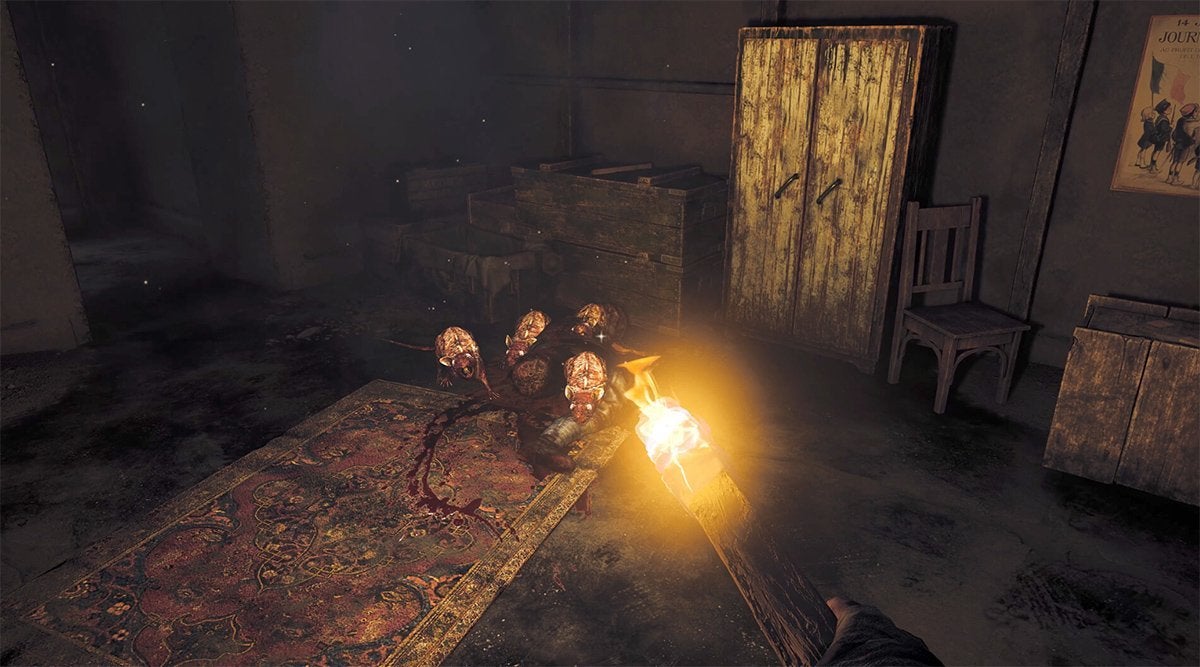 The player finding some monstrous rats in Amnesia: The Bunker.