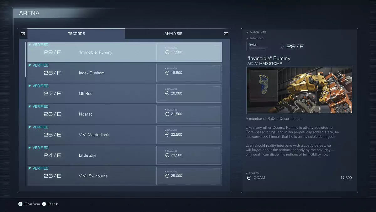 The Arena menu from Armored Core 6.