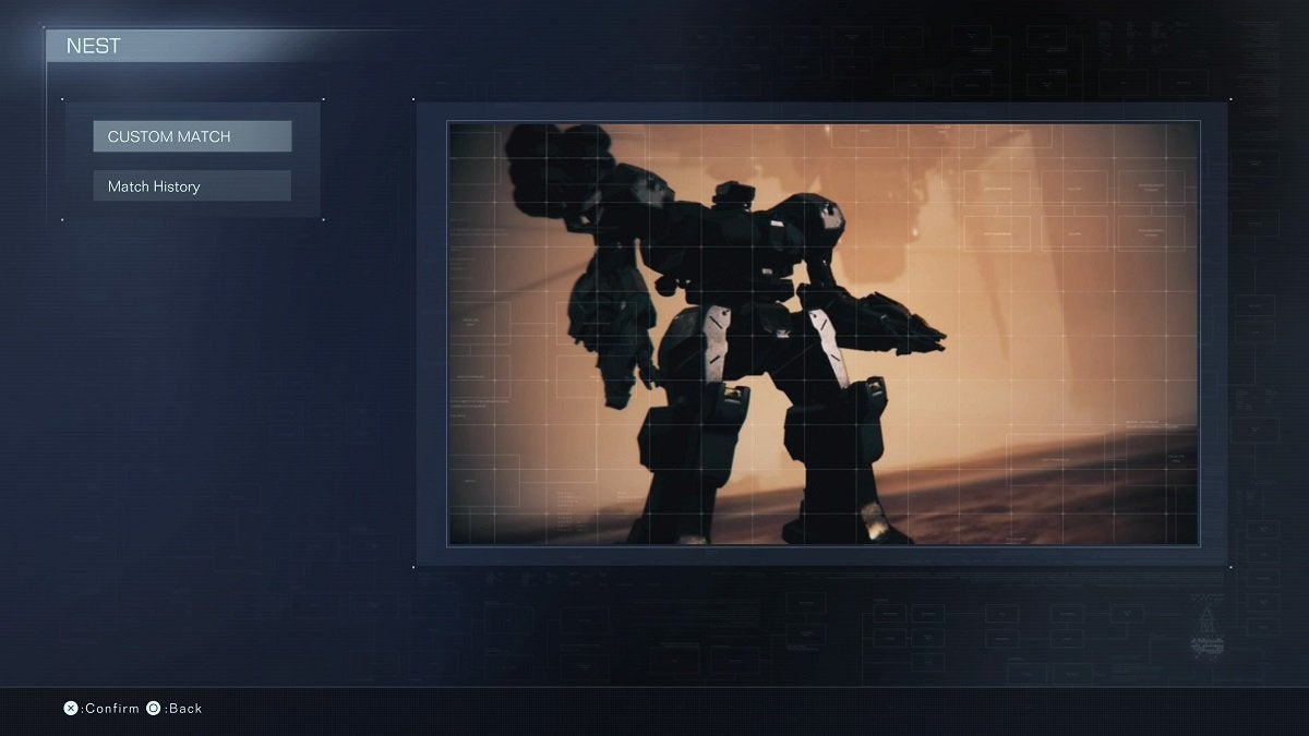 The Nest menu from Armored Core 6.