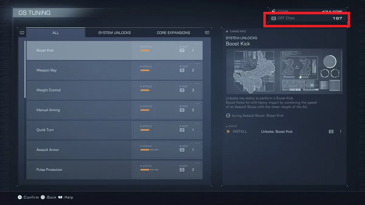 A red box in the top-right outlining the player's total OST Chips in Armored Core 6.