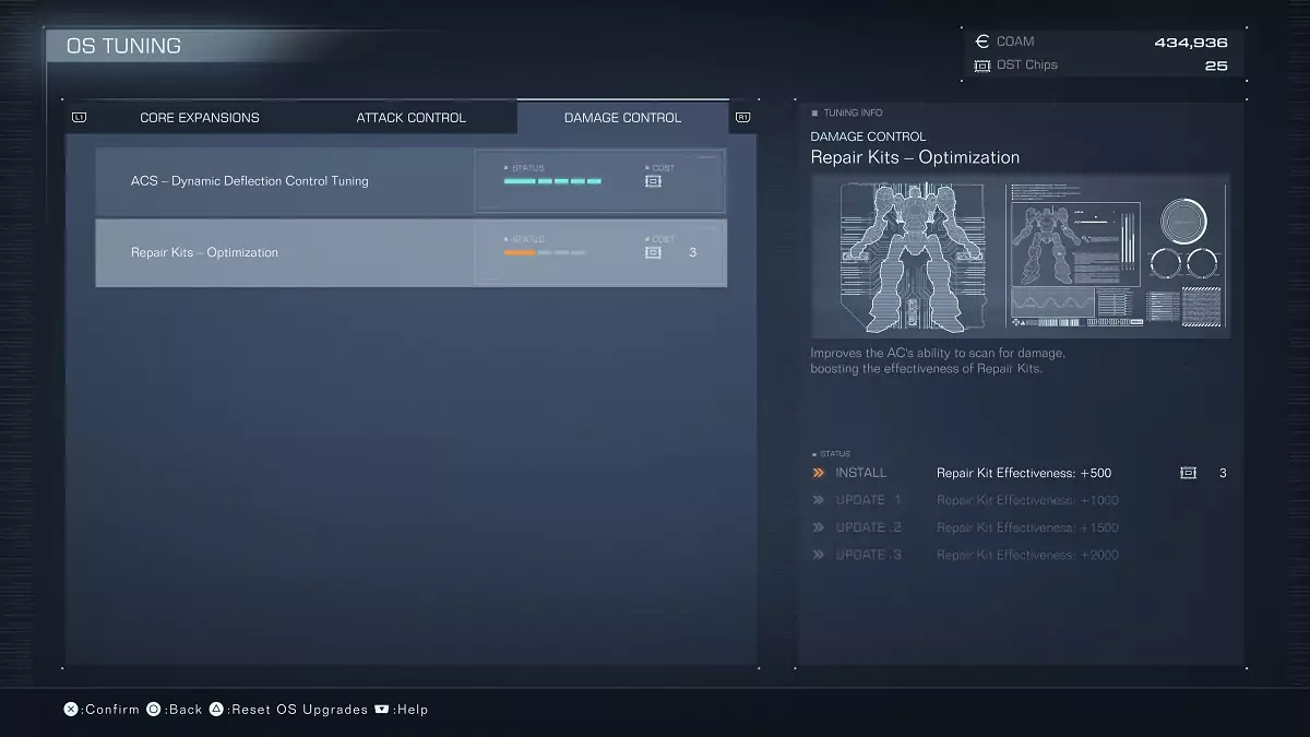The Repair Kit upgrade in the OS Tuning menu of Armored Core 6.