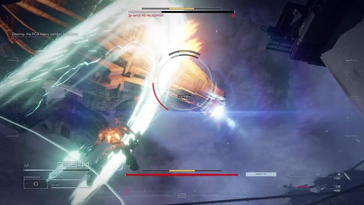 A player using the Pulse Blade against the HC Helicopter in Armored Core 6.