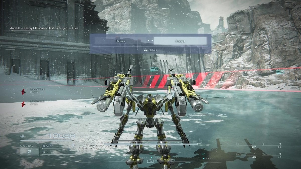 The player accepting the RLF's offer in the "Attack the Dam Complex ALT Mission" in Armored Core 6.