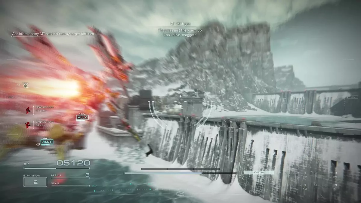 Flying towards a dam in the Attack the Dam Complex mission in Armored Core 6.