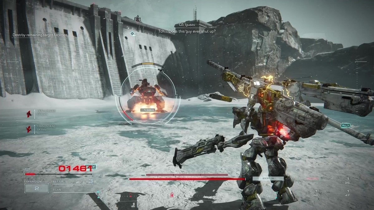 The player facing a Tetrapod AC in Armored Core 6.