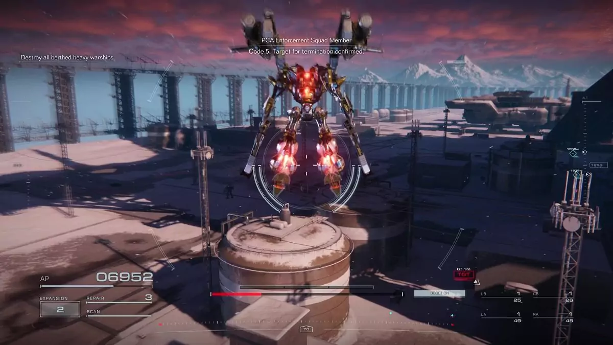 The player flying toward a shield LC.